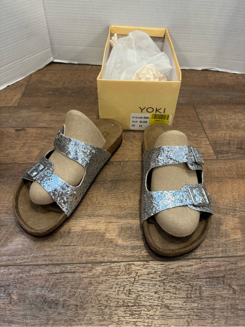 Yoki Silver Glitter Double-Buckle Slide Sandals Tan Cork-Style Soles Size 8.5